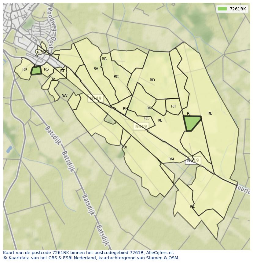 Afbeelding van het postcodegebied 7261 RK op de kaart.