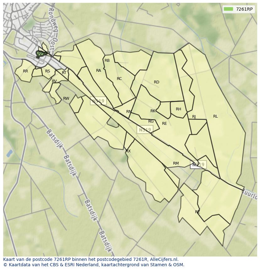 Afbeelding van het postcodegebied 7261 RP op de kaart.