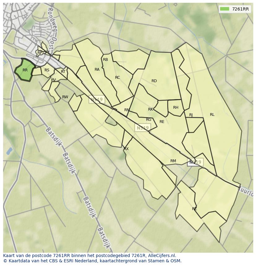 Afbeelding van het postcodegebied 7261 RR op de kaart.