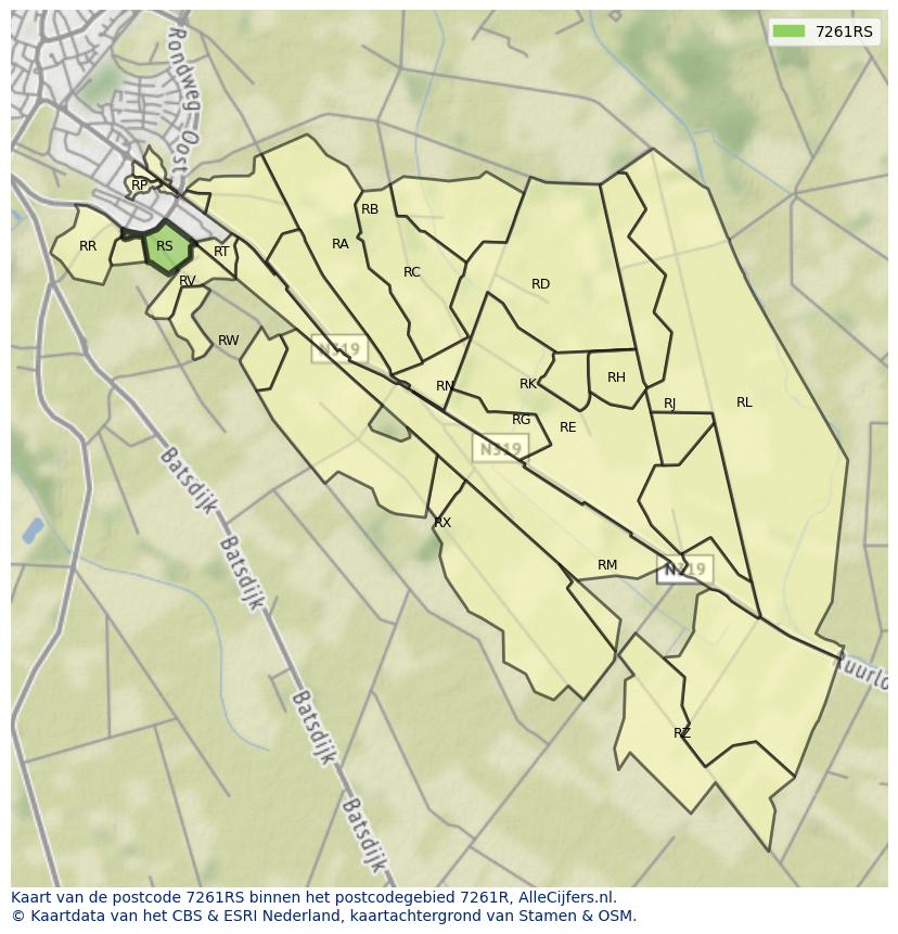 Afbeelding van het postcodegebied 7261 RS op de kaart.
