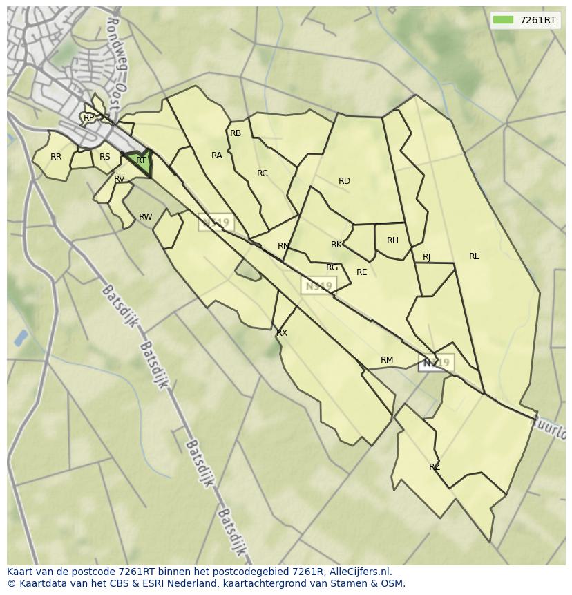 Afbeelding van het postcodegebied 7261 RT op de kaart.