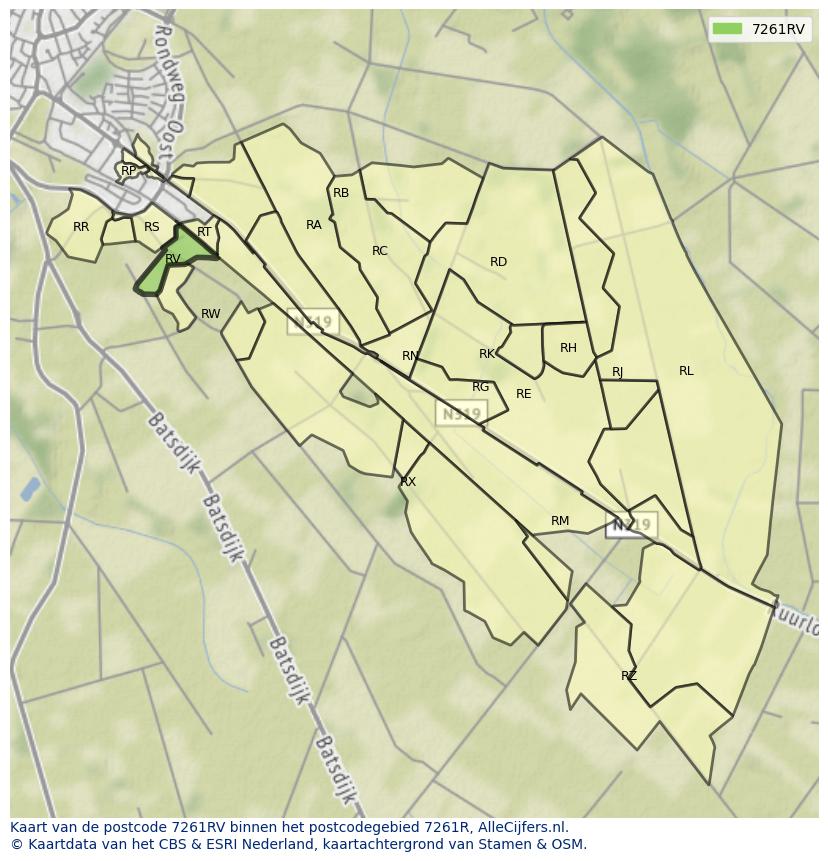 Afbeelding van het postcodegebied 7261 RV op de kaart.