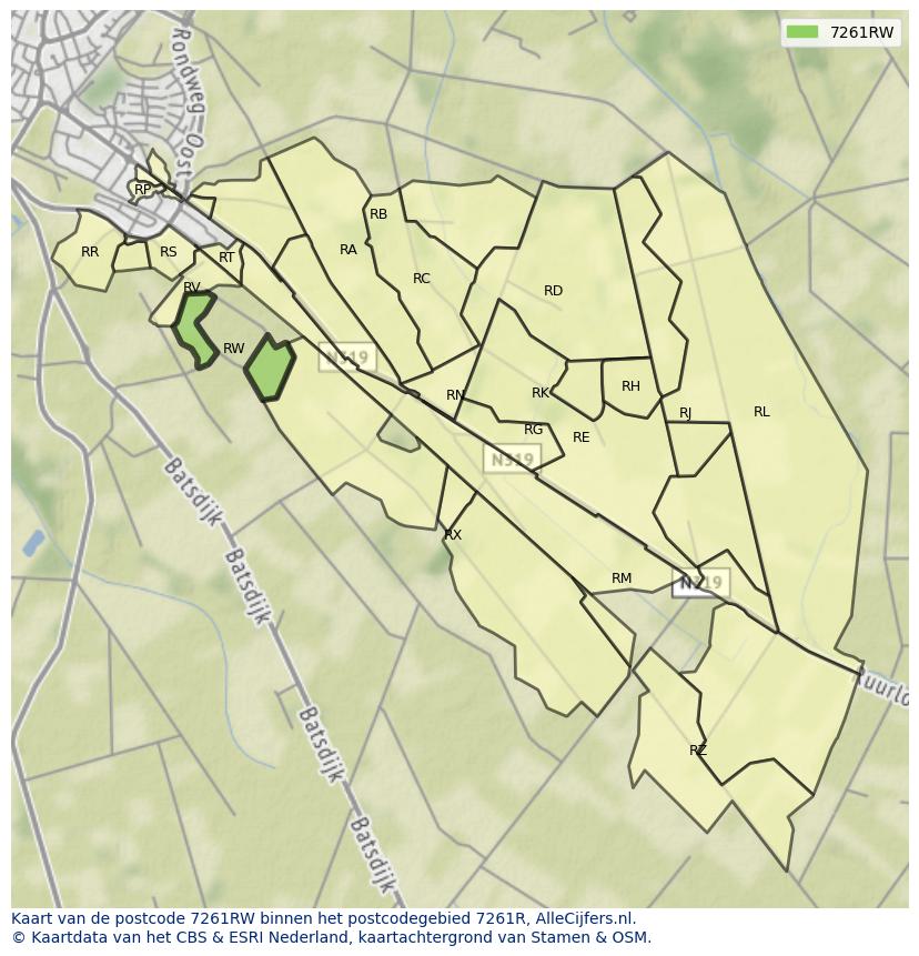 Afbeelding van het postcodegebied 7261 RW op de kaart.