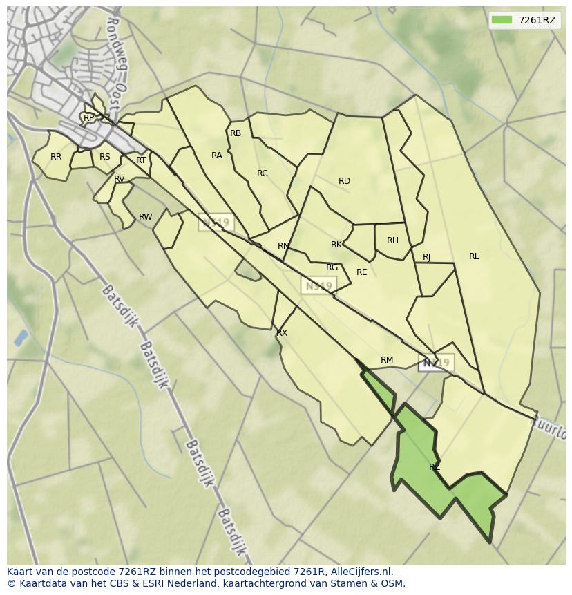 Afbeelding van het postcodegebied 7261 RZ op de kaart.