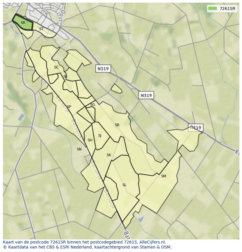 Afbeelding van het postcodegebied 7261 SR op de kaart.