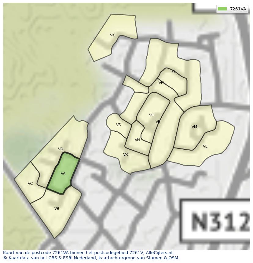 Afbeelding van het postcodegebied 7261 VA op de kaart.