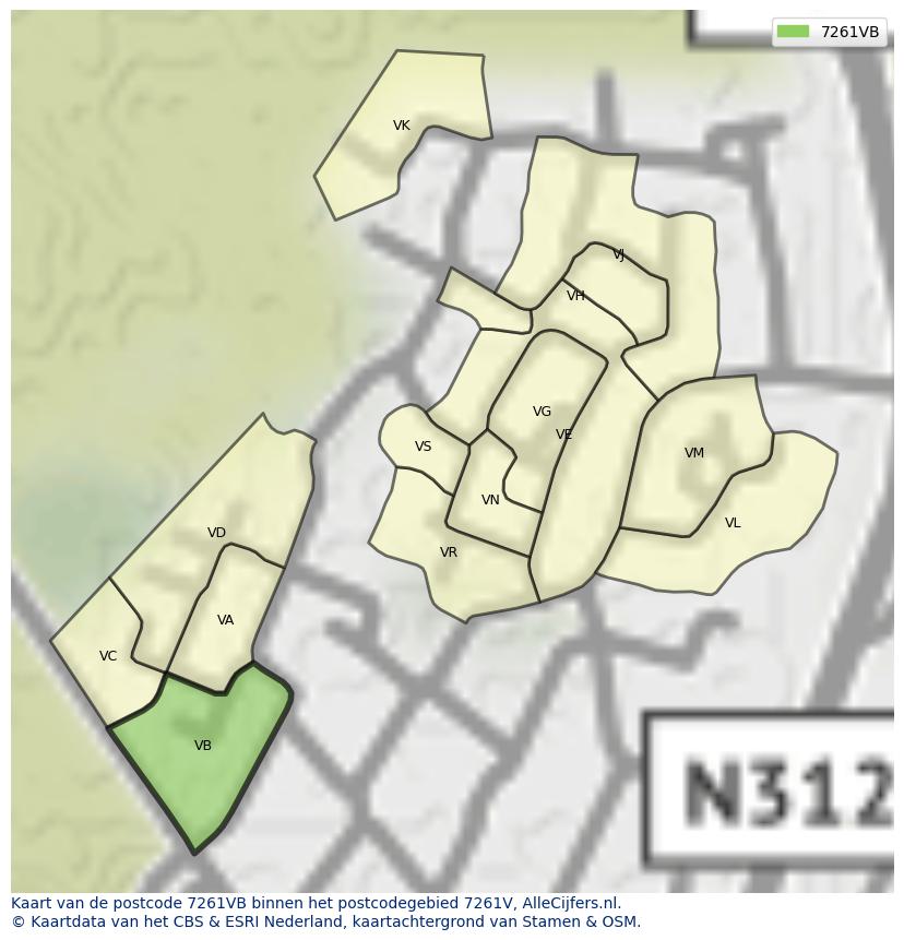 Afbeelding van het postcodegebied 7261 VB op de kaart.