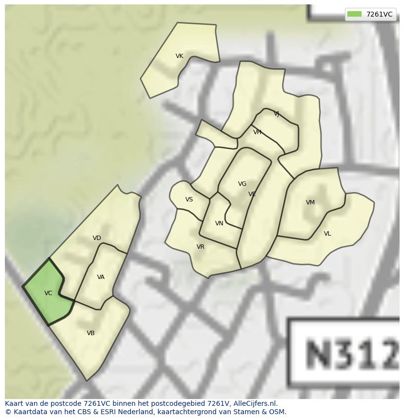 Afbeelding van het postcodegebied 7261 VC op de kaart.