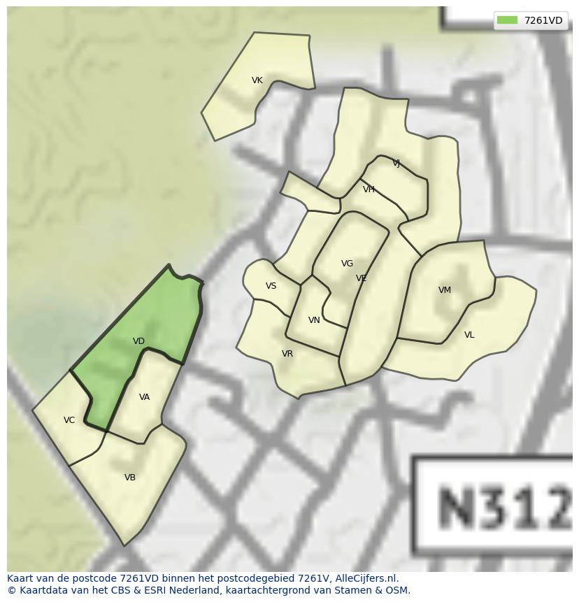 Afbeelding van het postcodegebied 7261 VD op de kaart.