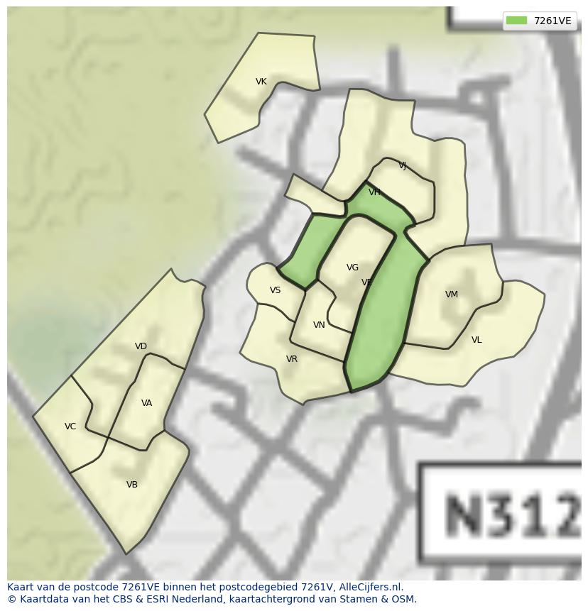 Afbeelding van het postcodegebied 7261 VE op de kaart.