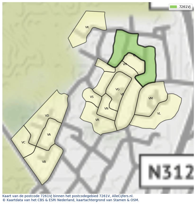 Afbeelding van het postcodegebied 7261 VJ op de kaart.