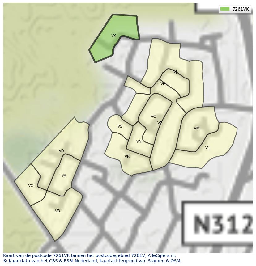 Afbeelding van het postcodegebied 7261 VK op de kaart.