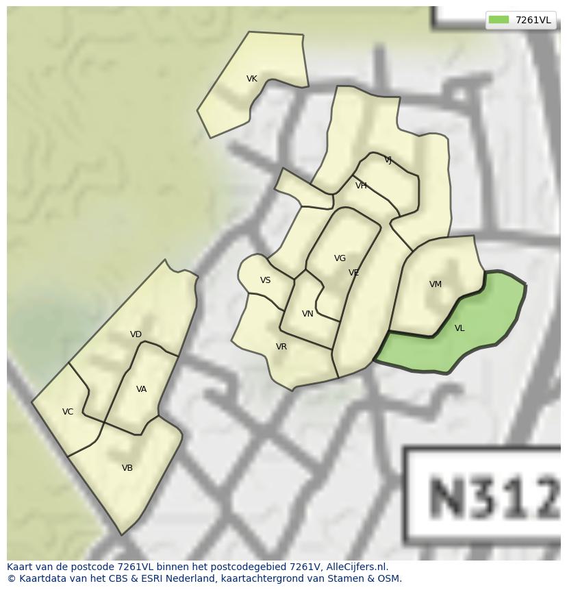 Afbeelding van het postcodegebied 7261 VL op de kaart.
