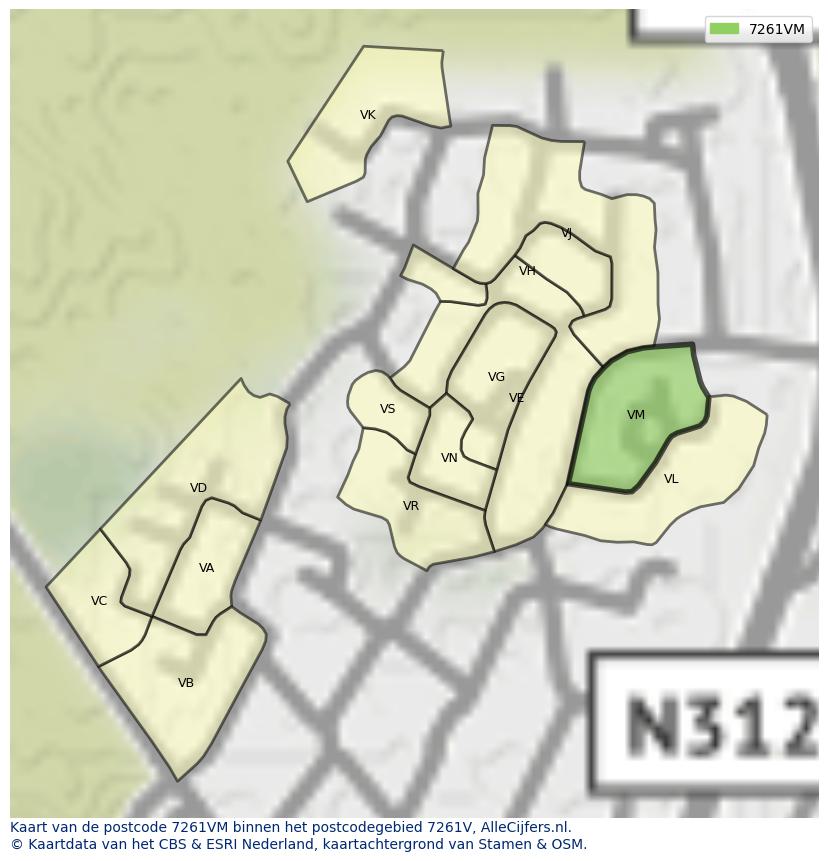 Afbeelding van het postcodegebied 7261 VM op de kaart.