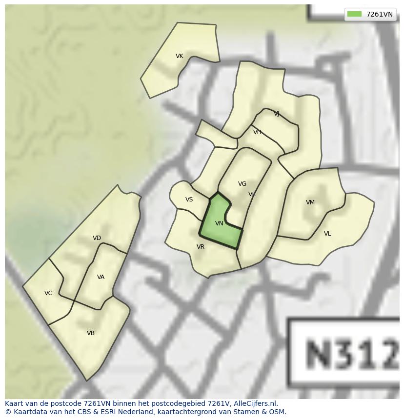 Afbeelding van het postcodegebied 7261 VN op de kaart.