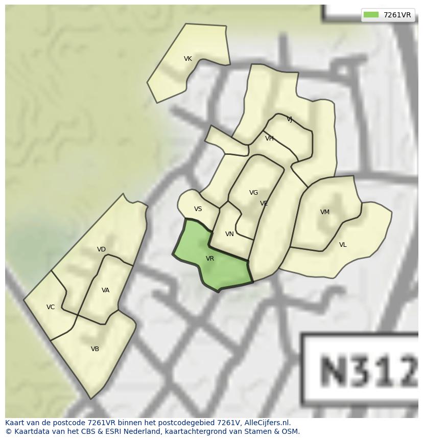 Afbeelding van het postcodegebied 7261 VR op de kaart.