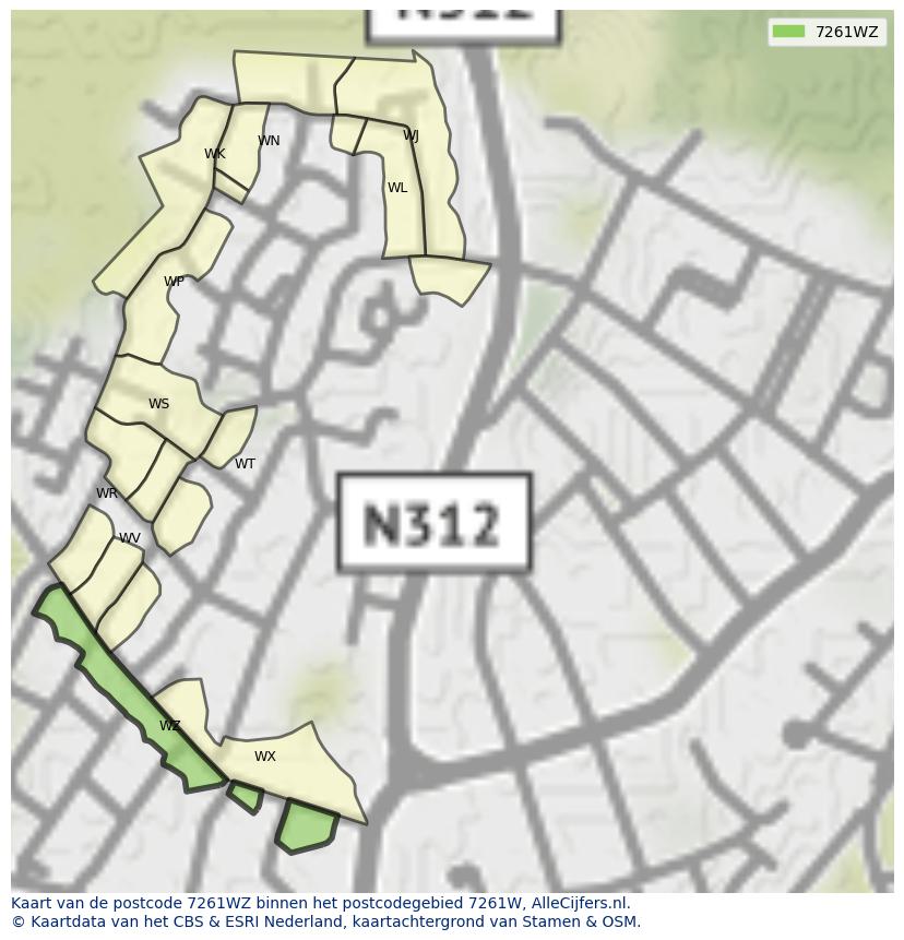Afbeelding van het postcodegebied 7261 WZ op de kaart.