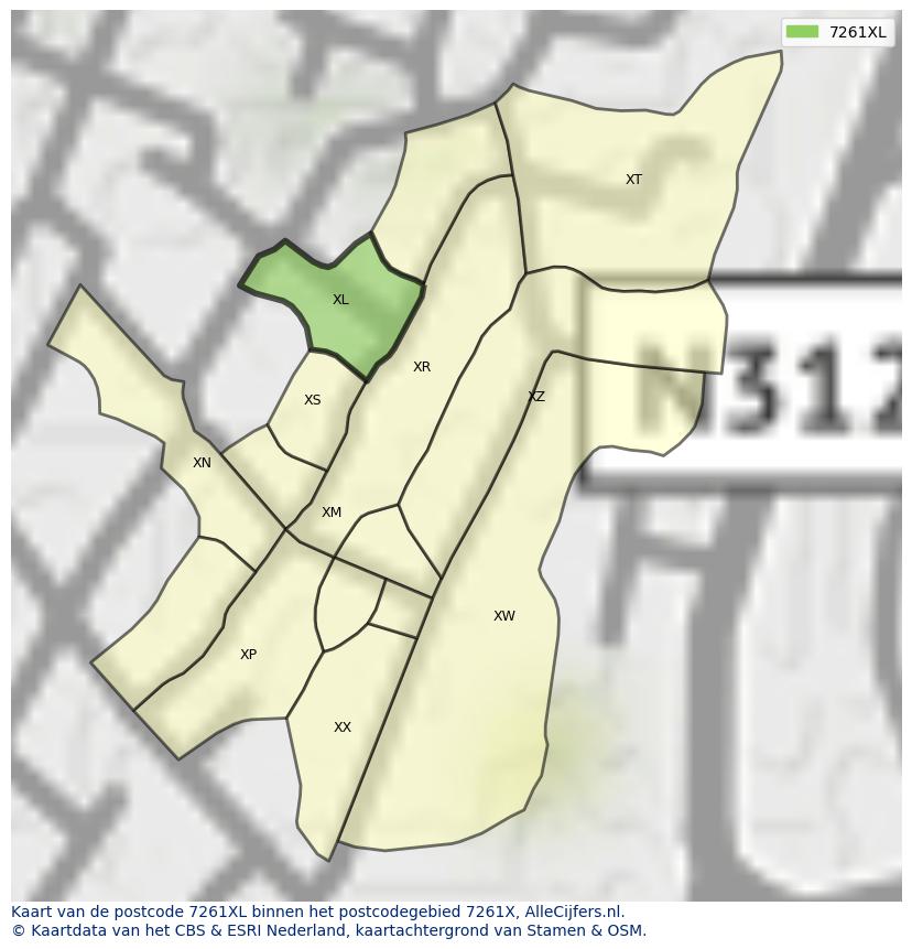 Afbeelding van het postcodegebied 7261 XL op de kaart.