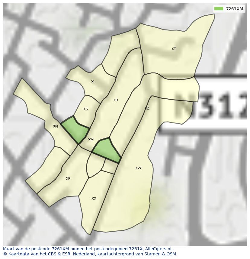 Afbeelding van het postcodegebied 7261 XM op de kaart.