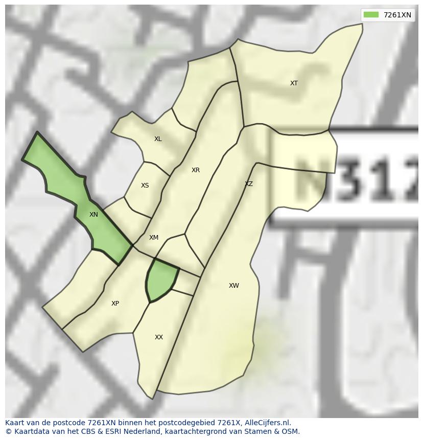 Afbeelding van het postcodegebied 7261 XN op de kaart.