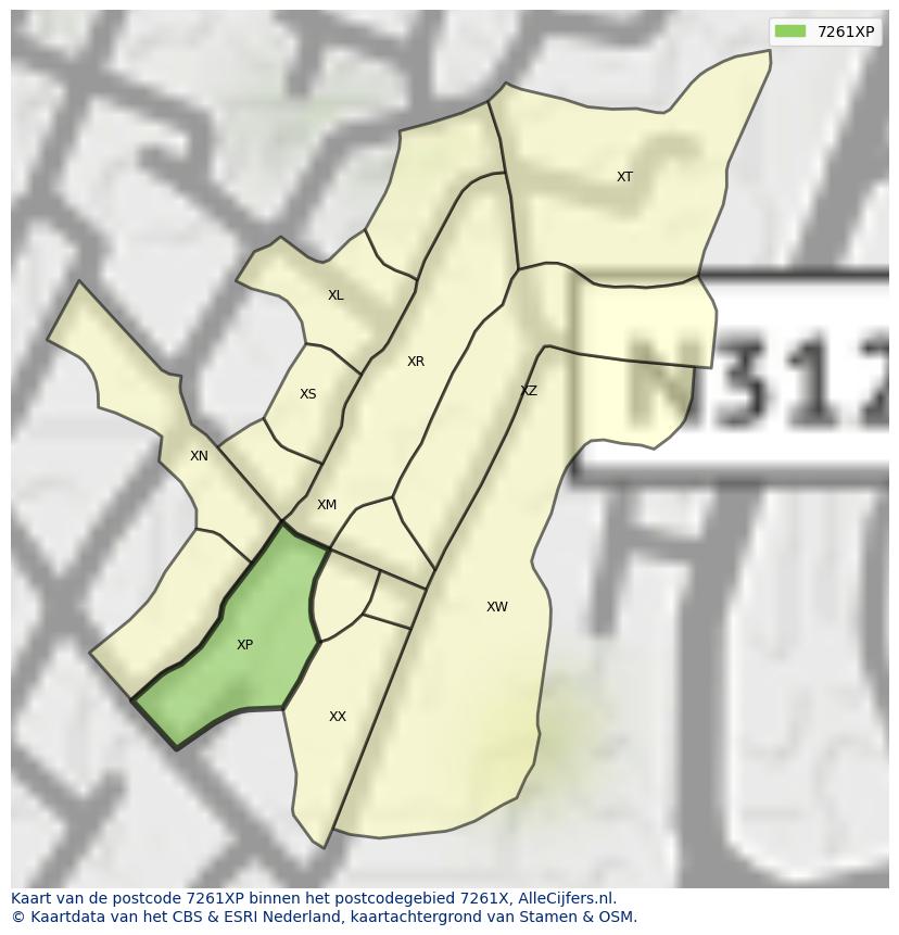 Afbeelding van het postcodegebied 7261 XP op de kaart.