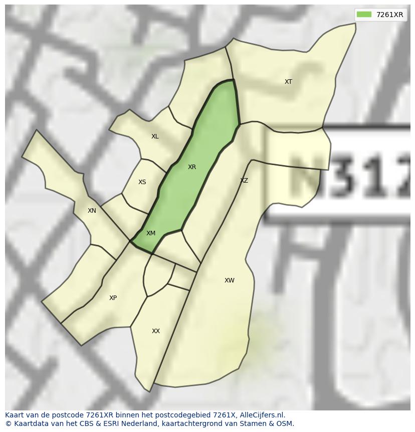 Afbeelding van het postcodegebied 7261 XR op de kaart.