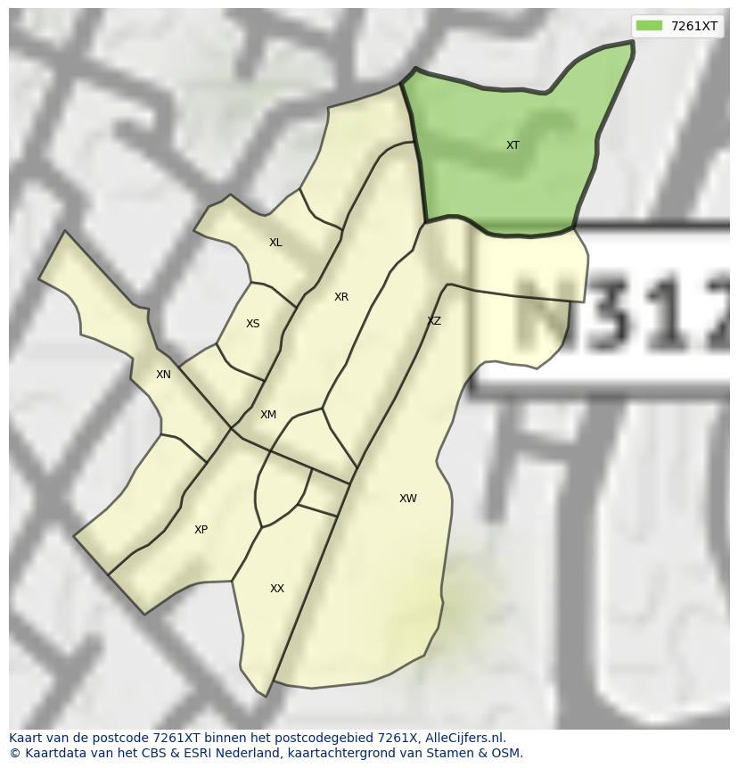 Afbeelding van het postcodegebied 7261 XT op de kaart.