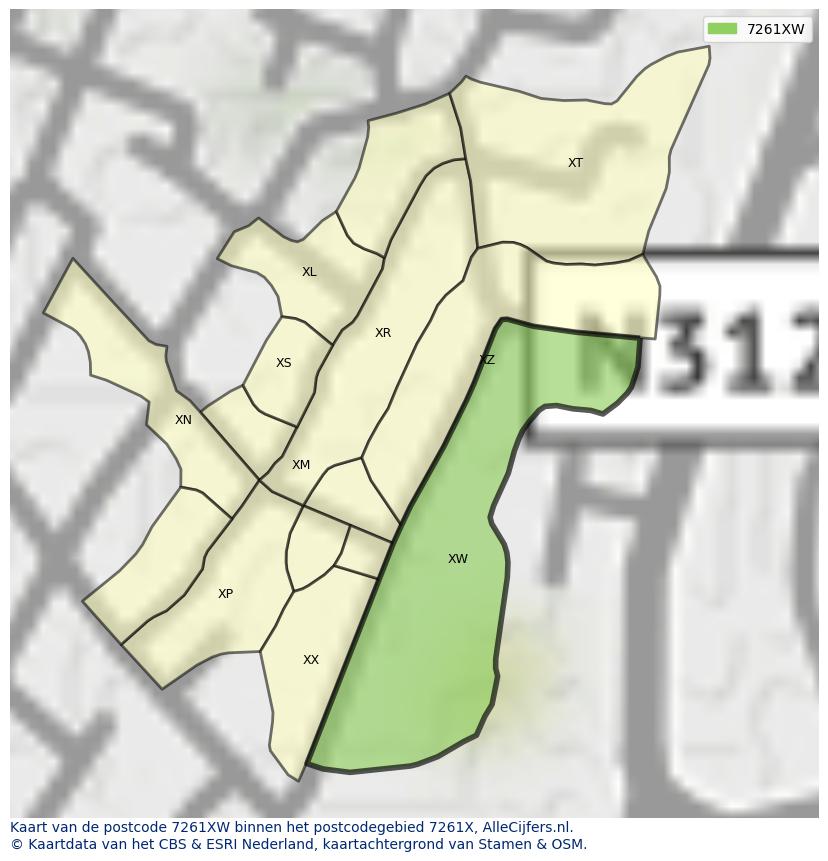 Afbeelding van het postcodegebied 7261 XW op de kaart.
