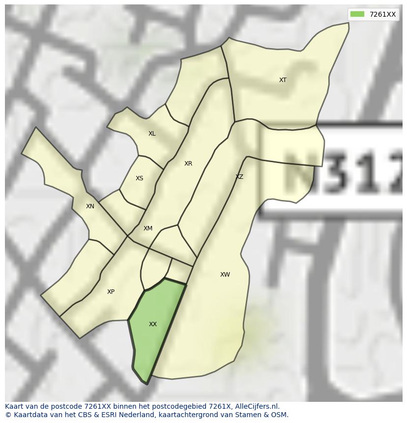 Afbeelding van het postcodegebied 7261 XX op de kaart.