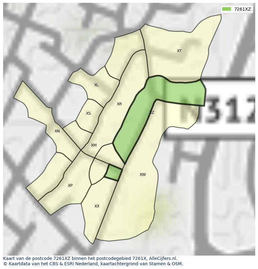 Afbeelding van het postcodegebied 7261 XZ op de kaart.