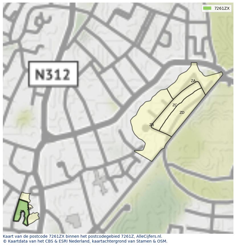 Afbeelding van het postcodegebied 7261 ZX op de kaart.
