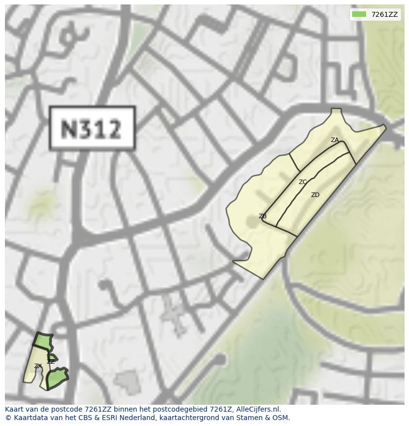 Afbeelding van het postcodegebied 7261 ZZ op de kaart.