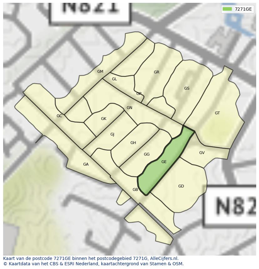 Afbeelding van het postcodegebied 7271 GE op de kaart.