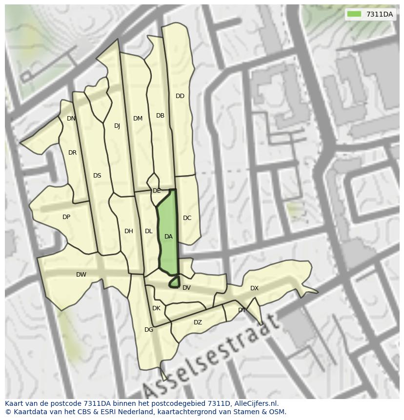Afbeelding van het postcodegebied 7311 DA op de kaart.