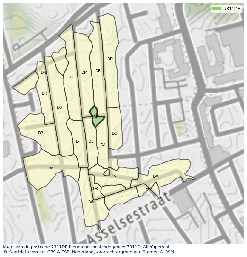 Afbeelding van het postcodegebied 7311 DE op de kaart.