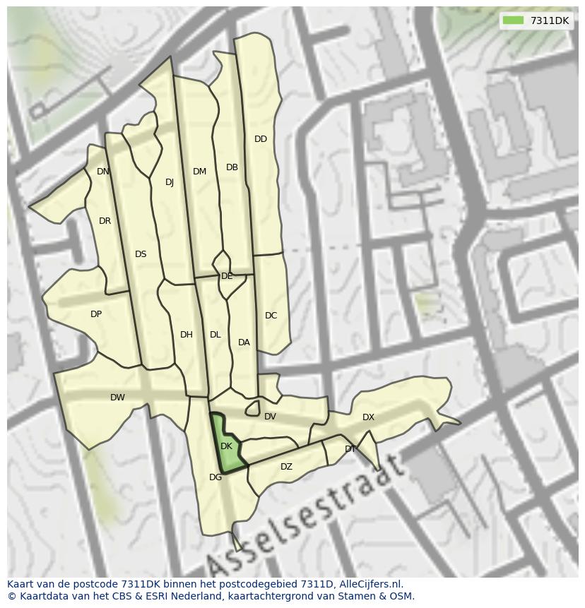 Afbeelding van het postcodegebied 7311 DK op de kaart.