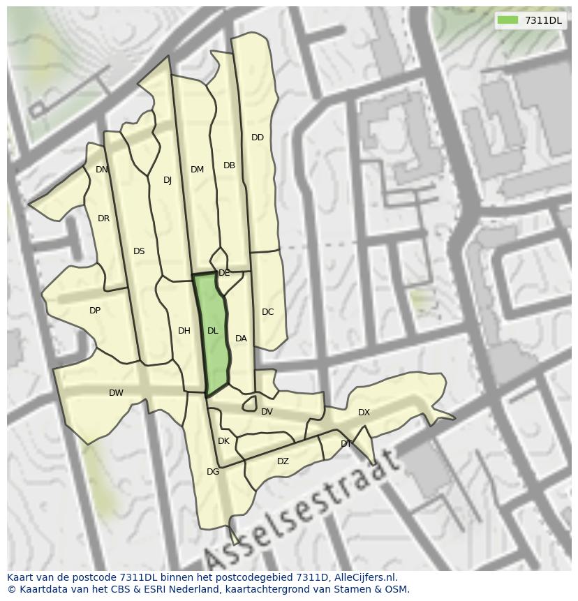 Afbeelding van het postcodegebied 7311 DL op de kaart.