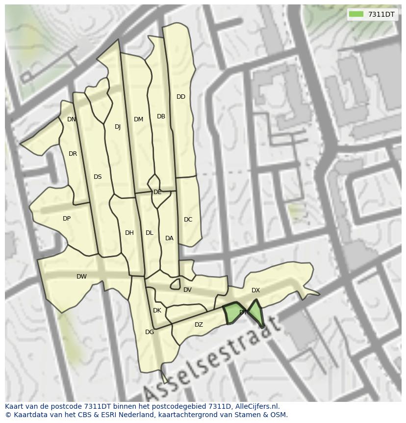 Afbeelding van het postcodegebied 7311 DT op de kaart.