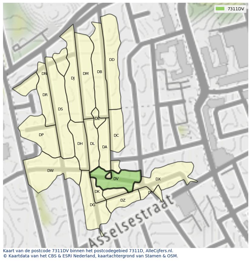 Afbeelding van het postcodegebied 7311 DV op de kaart.
