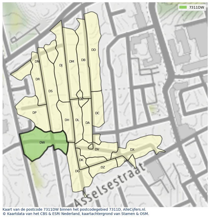 Afbeelding van het postcodegebied 7311 DW op de kaart.