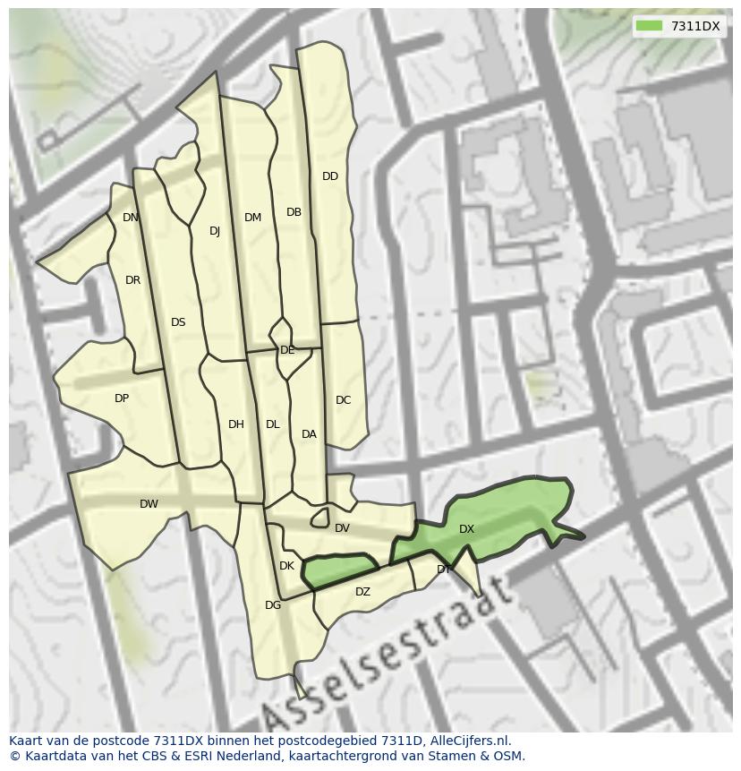 Afbeelding van het postcodegebied 7311 DX op de kaart.