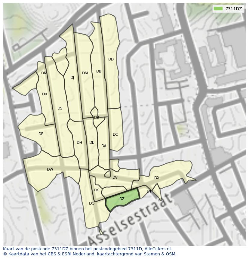 Afbeelding van het postcodegebied 7311 DZ op de kaart.
