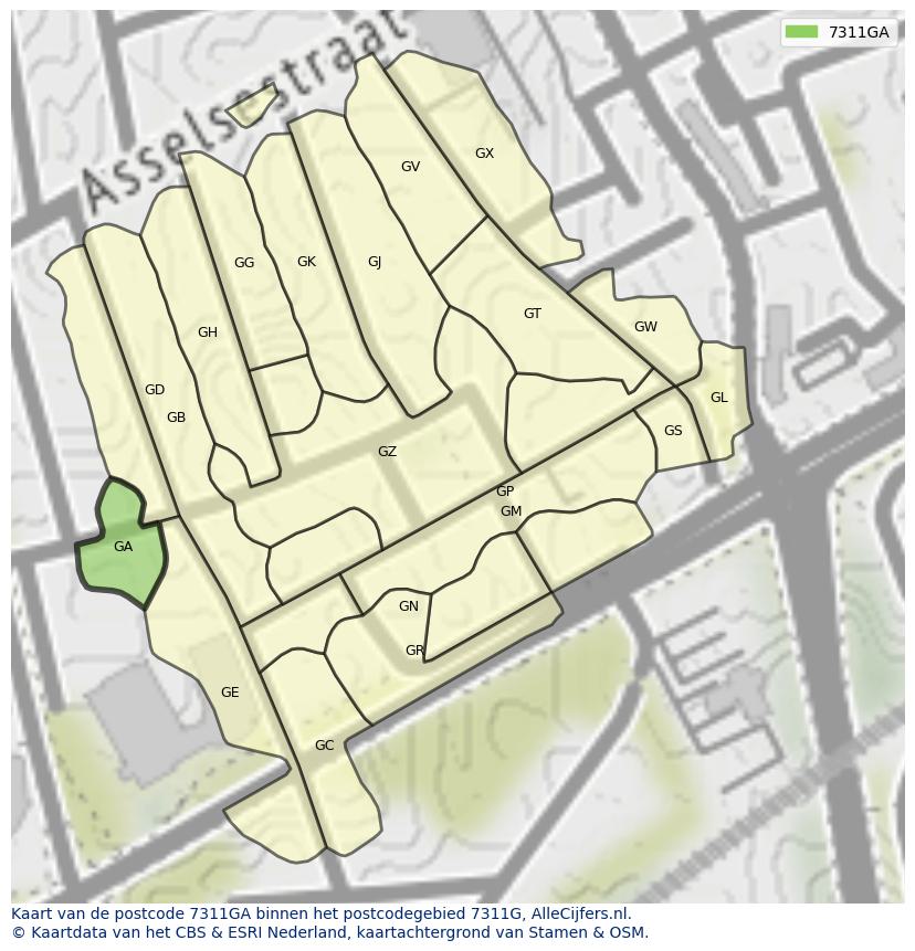Afbeelding van het postcodegebied 7311 GA op de kaart.