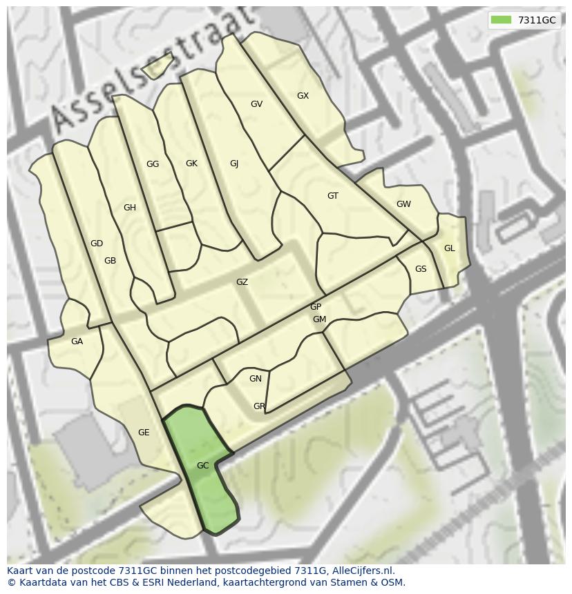 Afbeelding van het postcodegebied 7311 GC op de kaart.