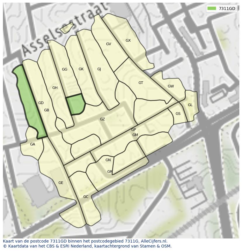 Afbeelding van het postcodegebied 7311 GD op de kaart.