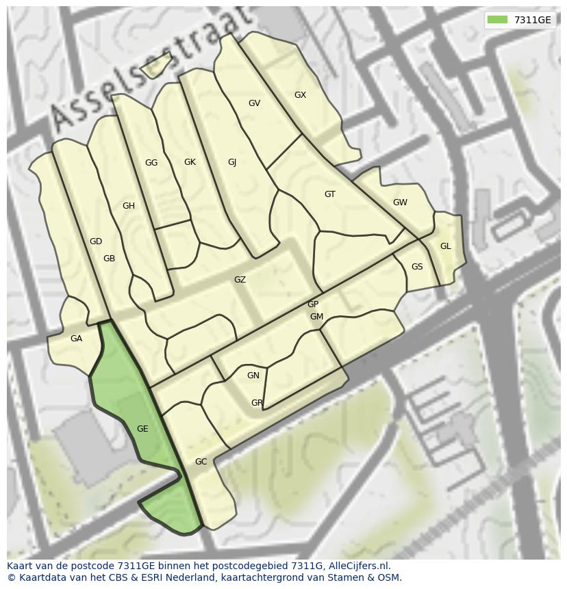 Afbeelding van het postcodegebied 7311 GE op de kaart.