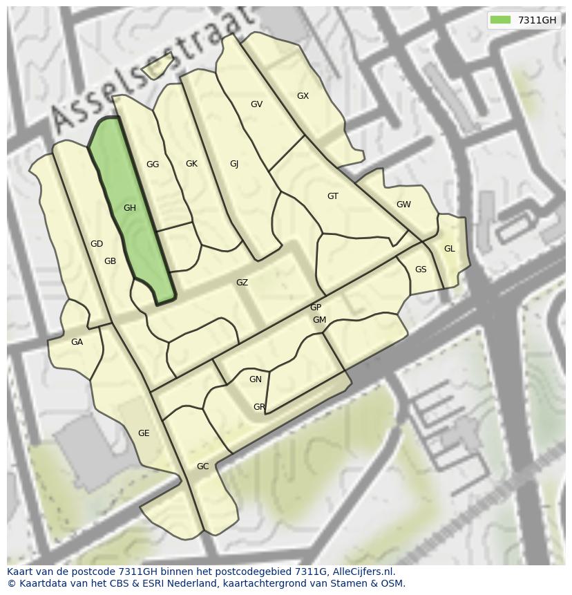 Afbeelding van het postcodegebied 7311 GH op de kaart.