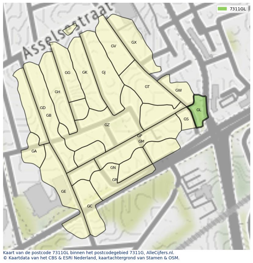 Afbeelding van het postcodegebied 7311 GL op de kaart.