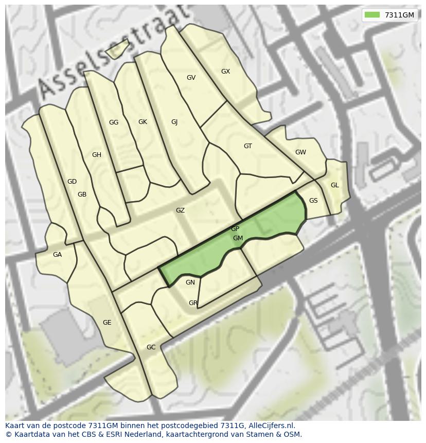 Afbeelding van het postcodegebied 7311 GM op de kaart.