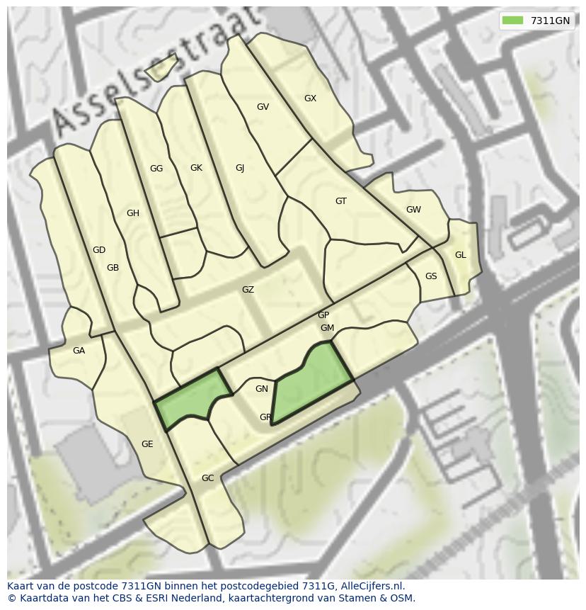 Afbeelding van het postcodegebied 7311 GN op de kaart.